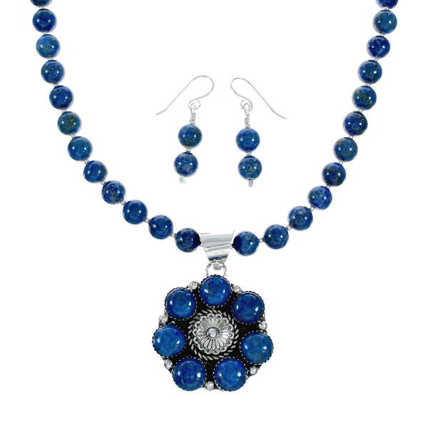 Native American Lapis And Sterling Silver Flower Concho Pendant Bead Necklace NX12445