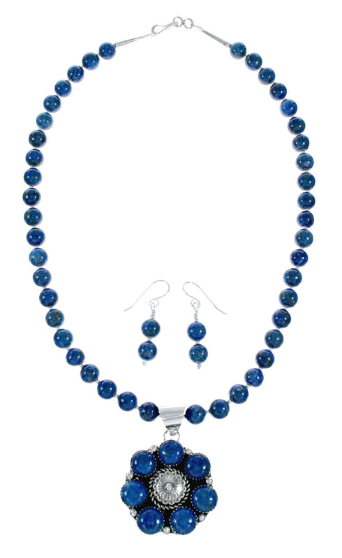 Native American Lapis And Sterling Silver Flower Concho Pendant Bead Necklace NX12445