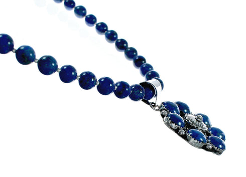 Native American Lapis And Sterling Silver Flower Concho Pendant Bead Necklace NX12445