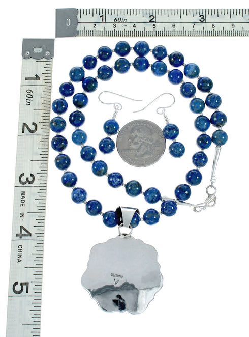 Native American Lapis And Sterling Silver Flower Concho Pendant Bead Necklace NX12445
