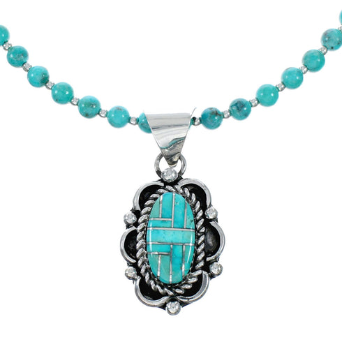 Native American Navajo Turquoise Inlay And Sterling Silver Bead Necklace And Pendant Set NX12437