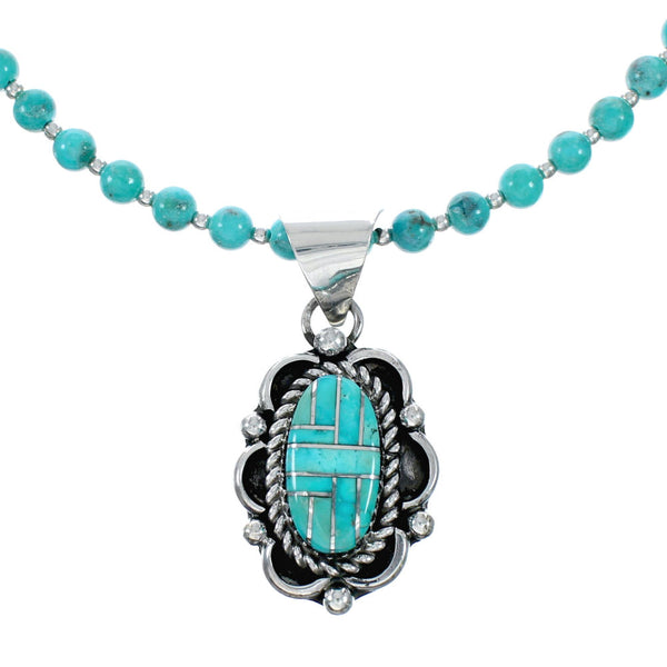 Native American Navajo Turquoise Inlay And Sterling Silver Bead Necklace And Pendant Set NX12437