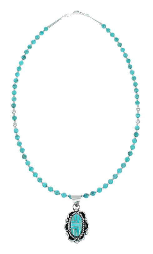 Native American Navajo Turquoise Inlay And Sterling Silver Bead Necklace And Pendant Set NX12437