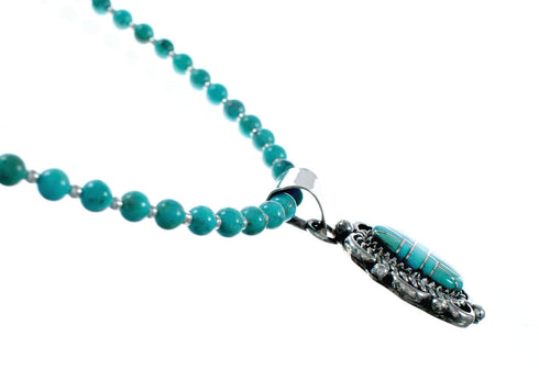 Native American Navajo Turquoise Inlay And Sterling Silver Bead Necklace And Pendant Set NX12437