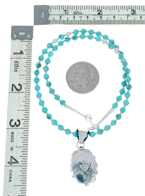Native American Navajo Turquoise Inlay And Sterling Silver Bead Necklace And Pendant Set NX12437