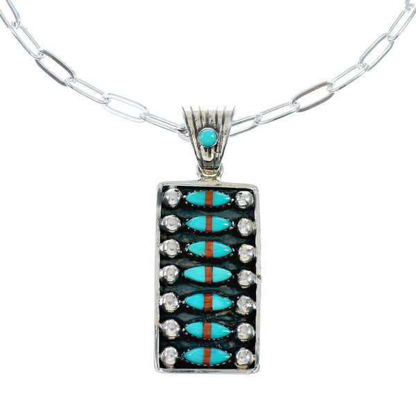 Navajo Turquoise Coral Sterling Silver Inlay Pendant Link Necklace Set NX12452