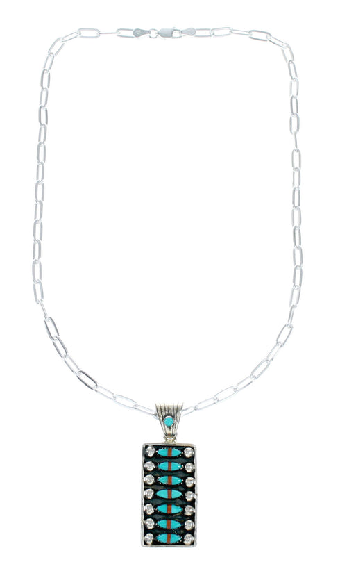 Navajo Turquoise Coral Sterling Silver Inlay Pendant Link Necklace Set NX12452