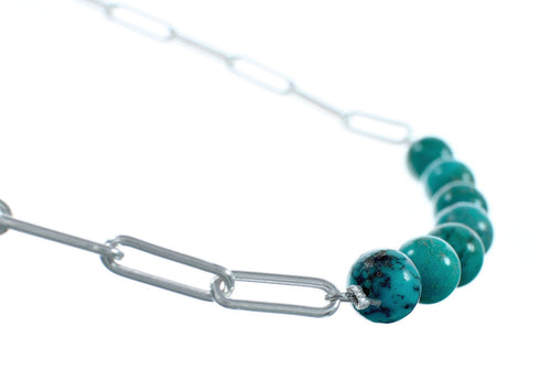 Native American Sterling Silver Link Chain Turquoise Pendant Necklace NX12455