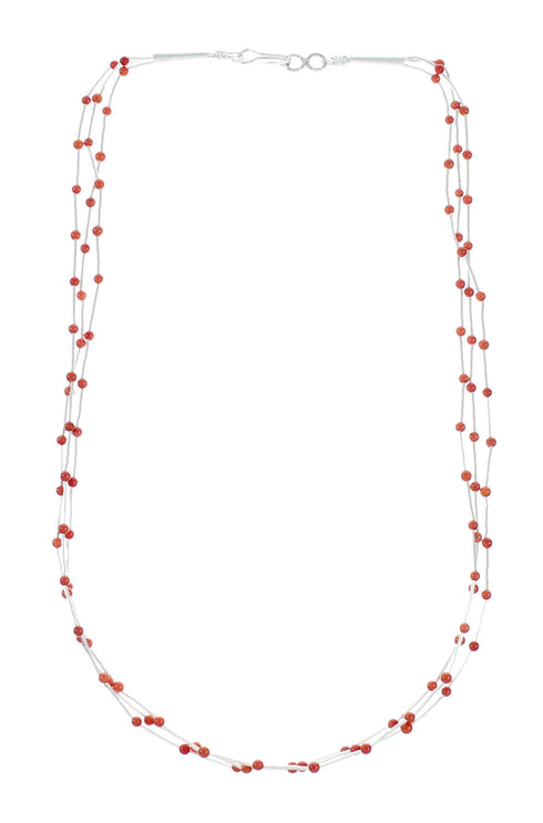 Native American 3-Strand Liquid Sterling Silver Coral Bead Necklace NX12454