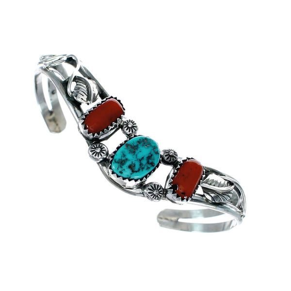 Native American Navajo Turquoise And Coral Sterling Silver Cuff Bracelet NX12449