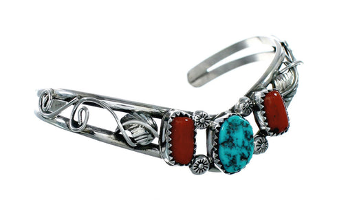 Native American Navajo Turquoise And Coral Sterling Silver Cuff Bracelet NX12449