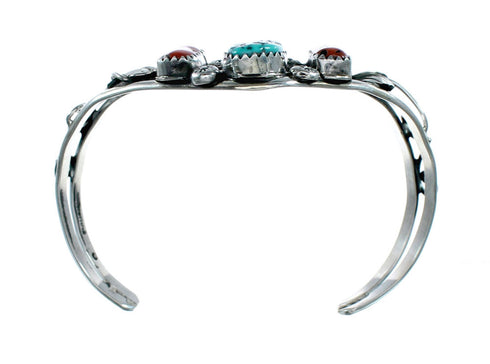 Native American Navajo Turquoise And Coral Sterling Silver Cuff Bracelet NX12449