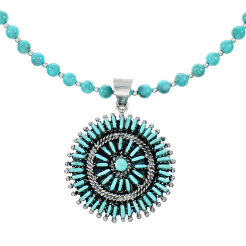 Sterling Silver Turquoise Needlepoint Pendant Navajo Bead Necklace Set NX12487