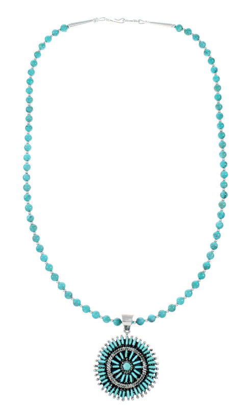 Sterling Silver Turquoise Needlepoint Pendant Navajo Bead Necklace Set NX12487