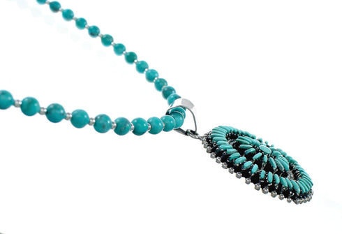 Sterling Silver Turquoise Needlepoint Pendant Navajo Bead Necklace Set NX12487