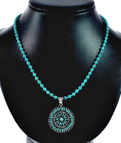 Sterling Silver Turquoise Needlepoint Pendant Navajo Bead Necklace Set NX12487