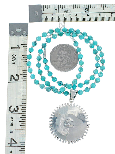 Sterling Silver Turquoise Needlepoint Pendant Navajo Bead Necklace Set NX12487