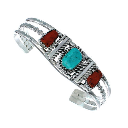 Native American Navajo Turquoise And Coral Sterling Silver Cuff Bracelet NX12462