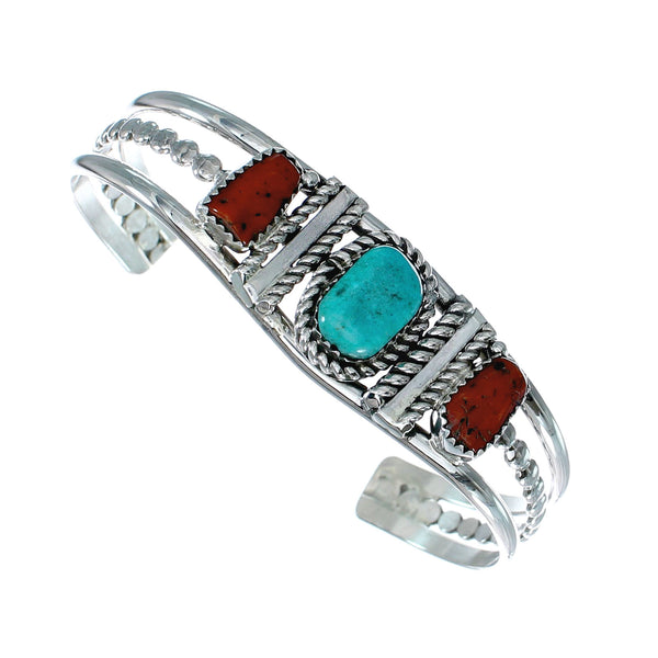 Native American Navajo Turquoise And Coral Sterling Silver Cuff Bracelet NX12462