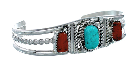 Native American Navajo Turquoise And Coral Sterling Silver Cuff Bracelet NX12462