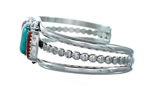 Native American Navajo Turquoise And Coral Sterling Silver Cuff Bracelet NX12462