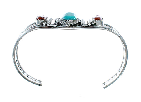 Native American Navajo Turquoise And Coral Sterling Silver Cuff Bracelet NX12462