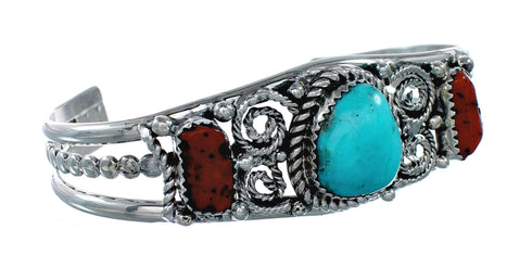 Native American Navajo Turquoise And Coral Sterling Silver Cuff Bracelet NX12463