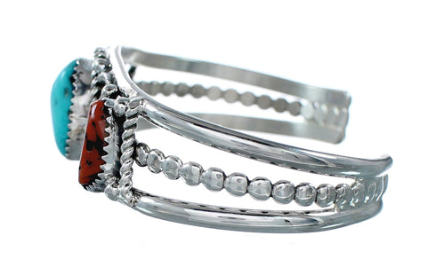 Native American Navajo Turquoise And Coral Sterling Silver Cuff Bracelet NX12463