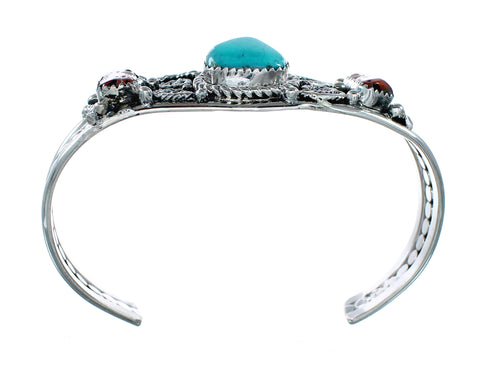 Native American Navajo Turquoise And Coral Sterling Silver Cuff Bracelet NX12463