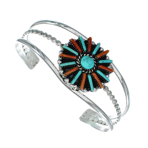 Navajo Turquoise Coral Needlepoint Sterling Silver Cuff Bracelet NX12459