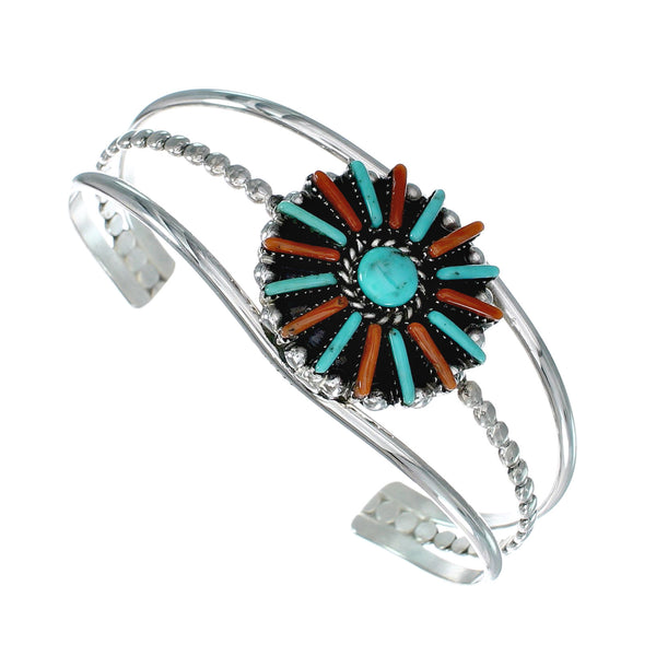 Navajo Turquoise Coral Needlepoint Sterling Silver Cuff Bracelet NX12459