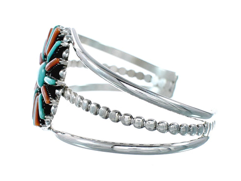 Navajo Turquoise Coral Needlepoint Sterling Silver Cuff Bracelet NX12459