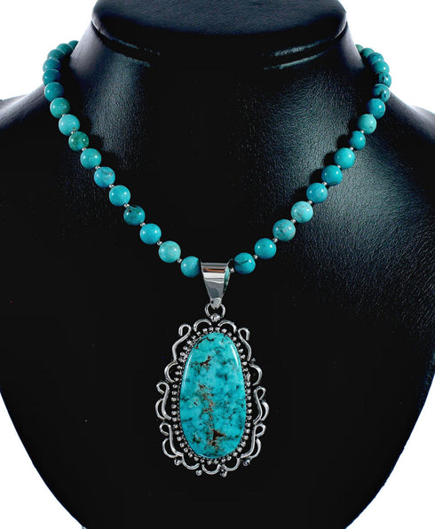 Native American Navajo Kingman Turquoise Sterling Silver Necklace NX12477