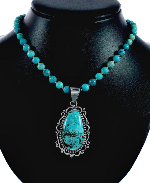 Native American Navajo Kingman Turquoise Sterling Silver Necklace NX12478