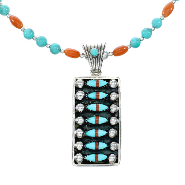 Navajo Turquoise Coral Sterling Silver Inlay Pendant Bead Necklace Set NX12484