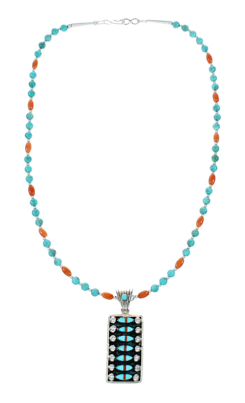 Navajo Turquoise Coral Sterling Silver Inlay Pendant Bead Necklace Set NX12484