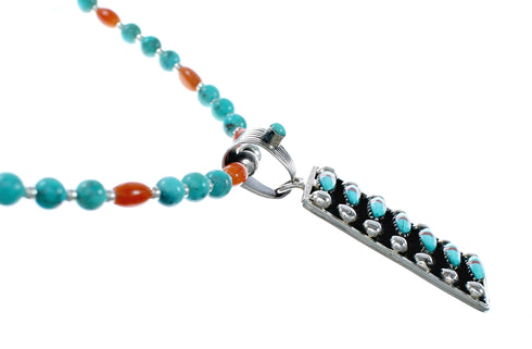 Navajo Turquoise Coral Sterling Silver Inlay Pendant Bead Necklace Set NX12484