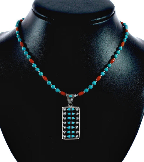 Navajo Turquoise Coral Sterling Silver Inlay Pendant Bead Necklace Set NX12484