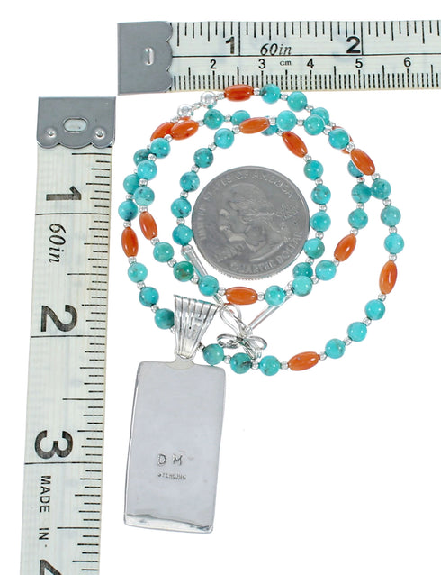 Navajo Turquoise Coral Sterling Silver Inlay Pendant Bead Necklace Set NX12484