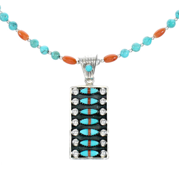 Navajo Turquoise Coral Sterling Silver Inlay Pendant Bead Adjustable Necklace Set NX12485