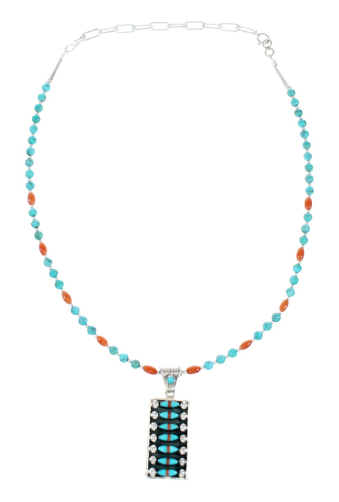 Navajo Turquoise Coral Sterling Silver Inlay Pendant Bead Adjustable Necklace Set NX12485