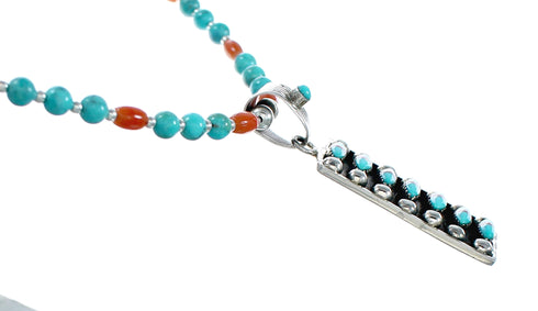 Navajo Turquoise Coral Sterling Silver Inlay Pendant Bead Adjustable Necklace Set NX12485