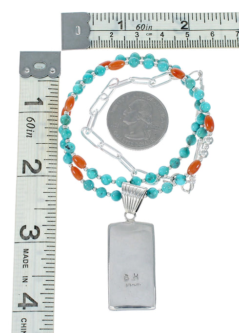 Navajo Turquoise Coral Sterling Silver Inlay Pendant Bead Adjustable Necklace Set NX12485