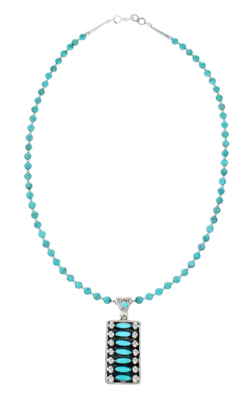 Navajo Turquoise Sterling Silver Pendant Bead Necklace Set NX12489