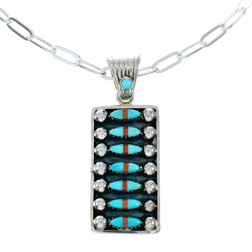 Navajo Turquoise Coral Sterling Silver Inlay Pendant Link Necklace Set NX12495