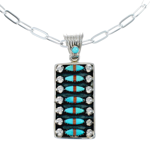 Navajo Turquoise Coral Sterling Silver Inlay Pendant Link Necklace Set NX12495