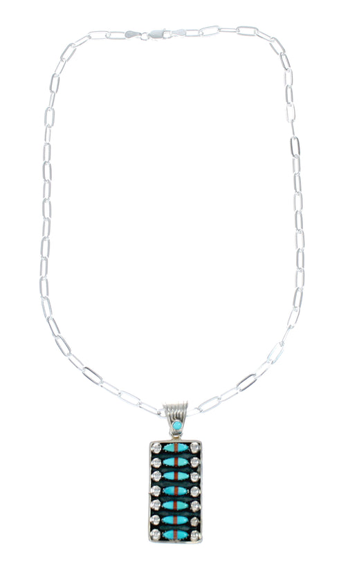 Navajo Turquoise Coral Sterling Silver Inlay Pendant Link Necklace Set NX12495
