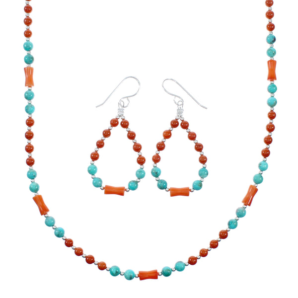 Navajo Sterling Silver Turquoise Coral Bead Necklace And Earrings Set NX12488