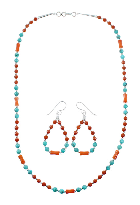 Navajo Sterling Silver Turquoise Coral Bead Necklace And Earrings Set NX12488