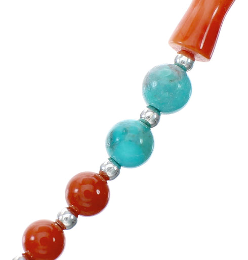 Navajo Sterling Silver Turquoise Coral Bead Necklace And Earrings Set NX12488